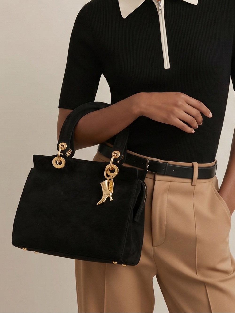 Stuart Weitzman Black Suede Lady Handbag with Gold Accents